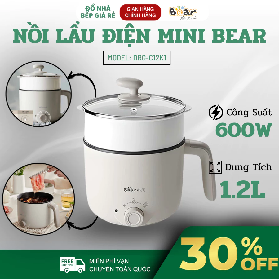 Nồi Lẩu Bear DRG-C12K1 Công Suất 600W Gia Nhiệt Nhanh, Chống Cháy Khô An Toàn, Đa Năng Cho Mọi Bữa Ăn - Đồ Nhà Bếp Giá R