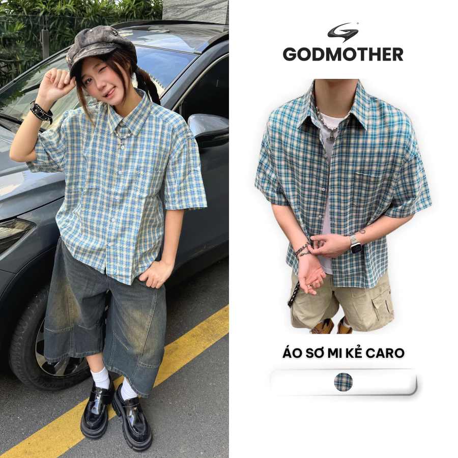 Áo Sơ Mi Kẻ Tay Ngắn GODMOTHER Sơ Mi Kẻ Caro Xanh/ Vàng Unisex Năng Động
