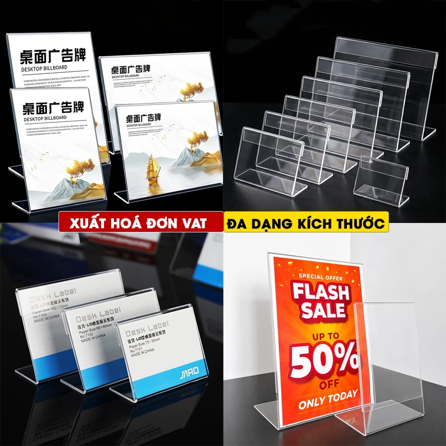 (Xuất hoá đơn VAT) Combo 2 Bảng mica để bàn chữ L, Menu mica chữ L loại Dọc, Ngang - Lỗi 1 Đổi 1