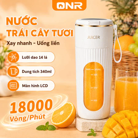 Máy Xay Sinh Tố Mini 340ml Cầm Tay, 14 Lưỡi Inox 304, Sạc Type-C, Màn Hình LCD