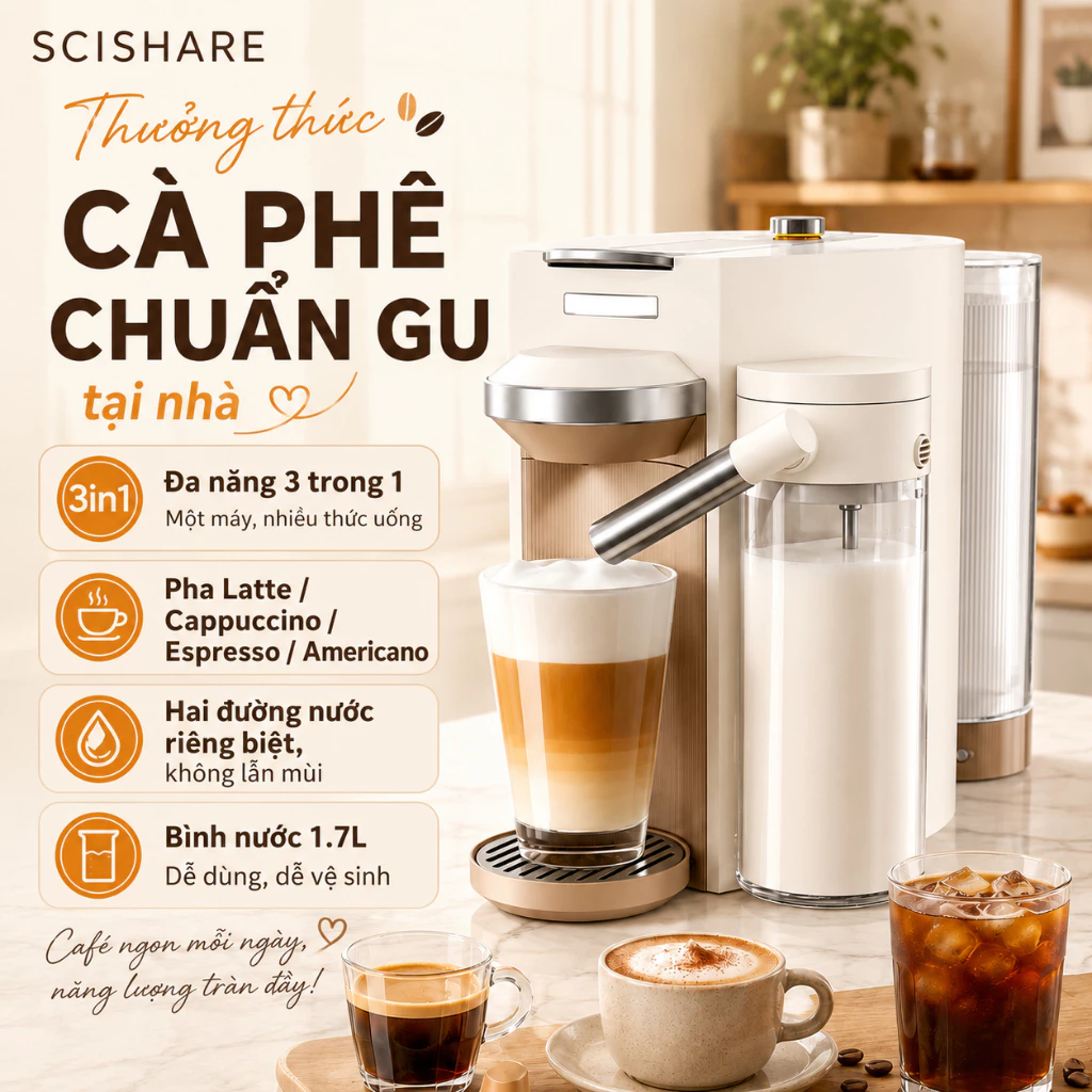 Máy Pha Cà Phê Viên Nén SCISHARE S1205, 19Bar, Tạo Bọt Sữa, Bình Nước 1.7L, Pha Espresso Americano Latte Cappuccino