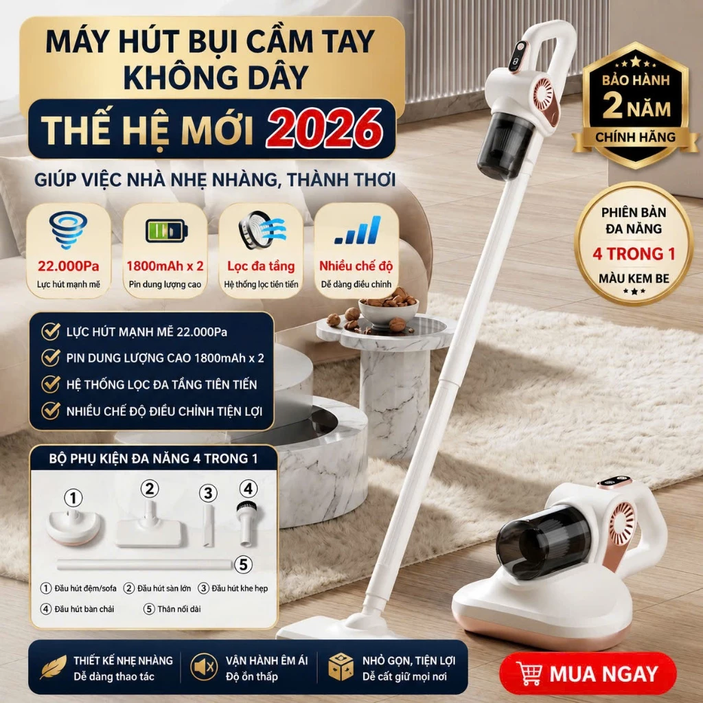 Máy hút bụi không dây PVL 4 đầu hút, Hút sàn nhà, hút giường, xe ô tô, trần nhà lực hút 22.000Pa - BH 2 Năm