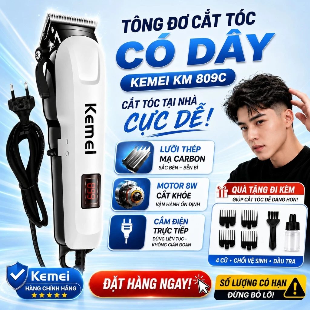 Tông Đơ Cắt Tóc Có Dây Kemei 809C, Tăng Đơ Cắt Tóc Nam Chính Hãng Lưỡi Sắc, Màn Hình LED Đa Năng