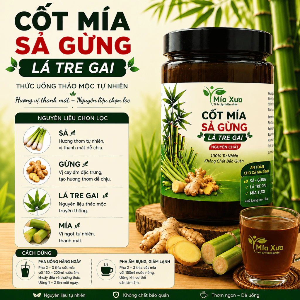 Cốt Mía Sả Gừng Lá Tre Gai Không Chất Bảo Quản Không Phụ Gia