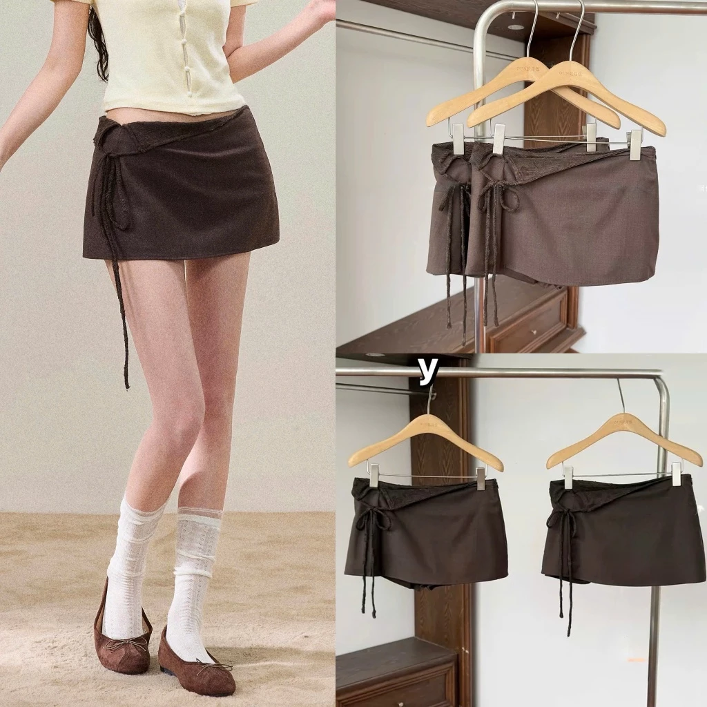 (sẵn M)Chân váy ngắn dáng chữ A màu nâu trơn cách điệu cạp gập ren hoa CV037 - Tiktik