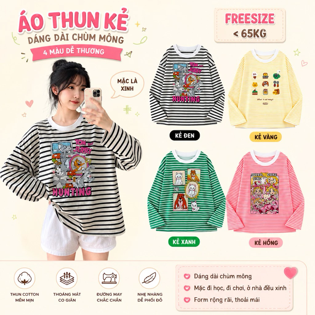 Áo Thun Kẻ In Hình Dễ Thương. Áo dài tay dáng suông thể thao cá tính hàn quốc unisex dưới 65kg