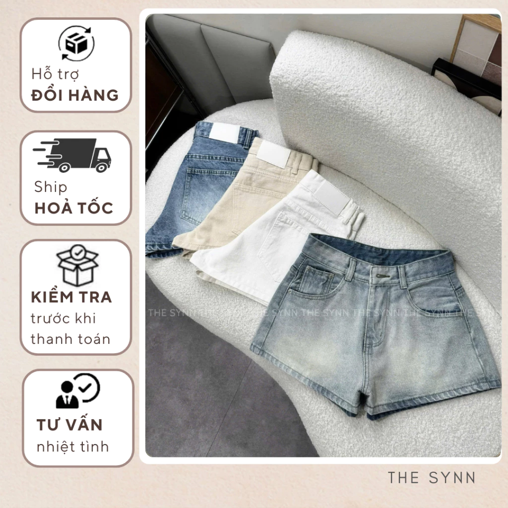 S06 - Quần Short Jeans Nữ Phối Tag Trơn Phong Cách Thoải Mái The Synn