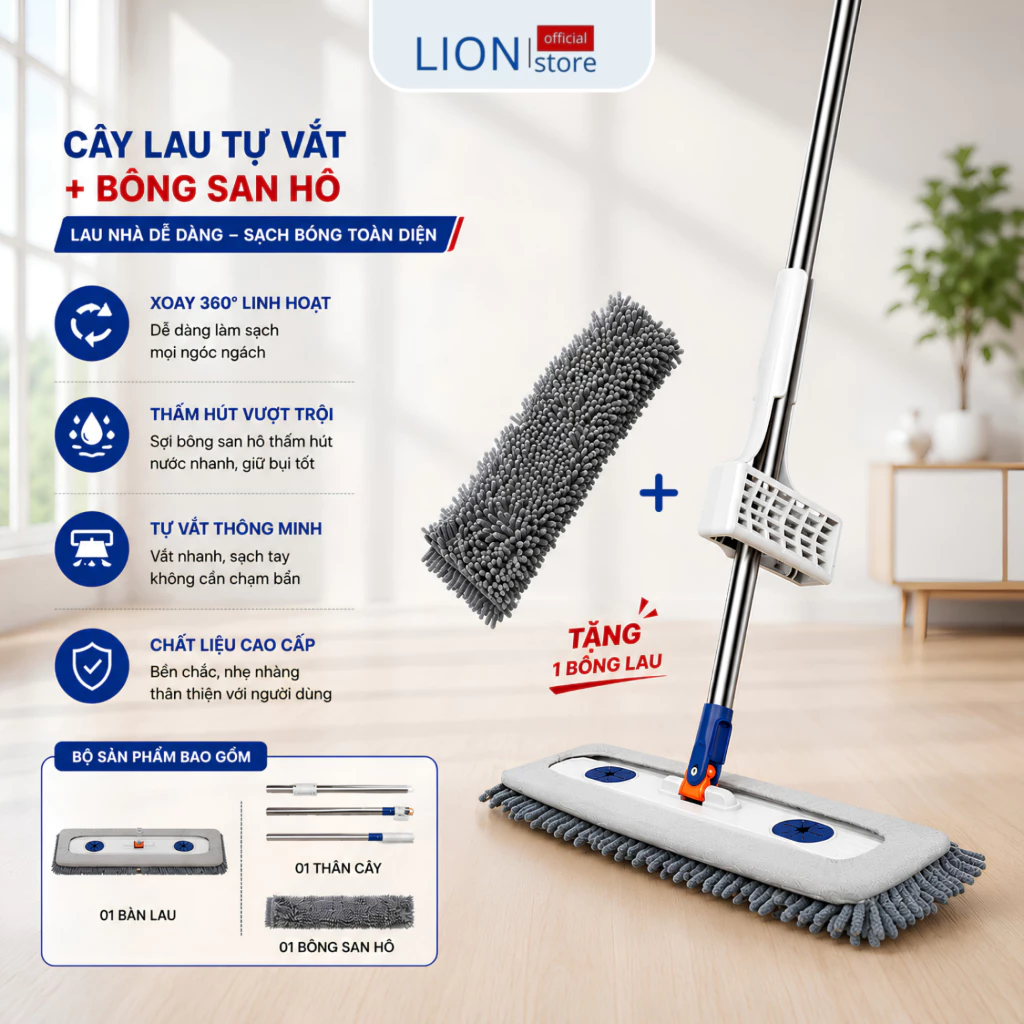 Cây Lau Nhà San Hô Bản Lớn 45cm, Cây Lau Sàn Khô Ướt Bông San Hô Thấm Hút Tốt, Xoay 360 Độ, Thân Inox Kéo Dài