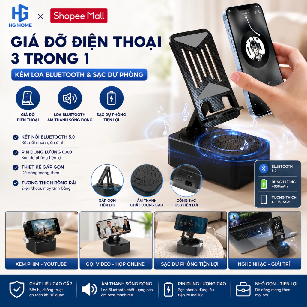 Giá Đỡ Điện Thoại 3 Trong 1 Kèm Loa Bluetooth Tích Hợp Sạc Dự Phòng - HGHOME