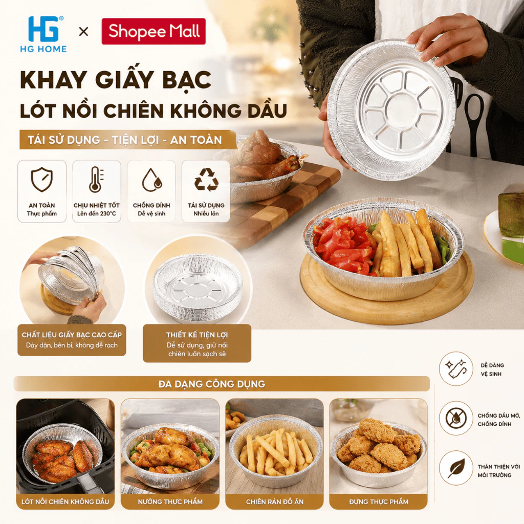 [COMBO 20C] Khay Giấy Bạc HGHOME Lót Nồi Chiên Không Dầu Tái Sử Dụng Dùng Để Nướng Chiên Đồ Nhà Bếp