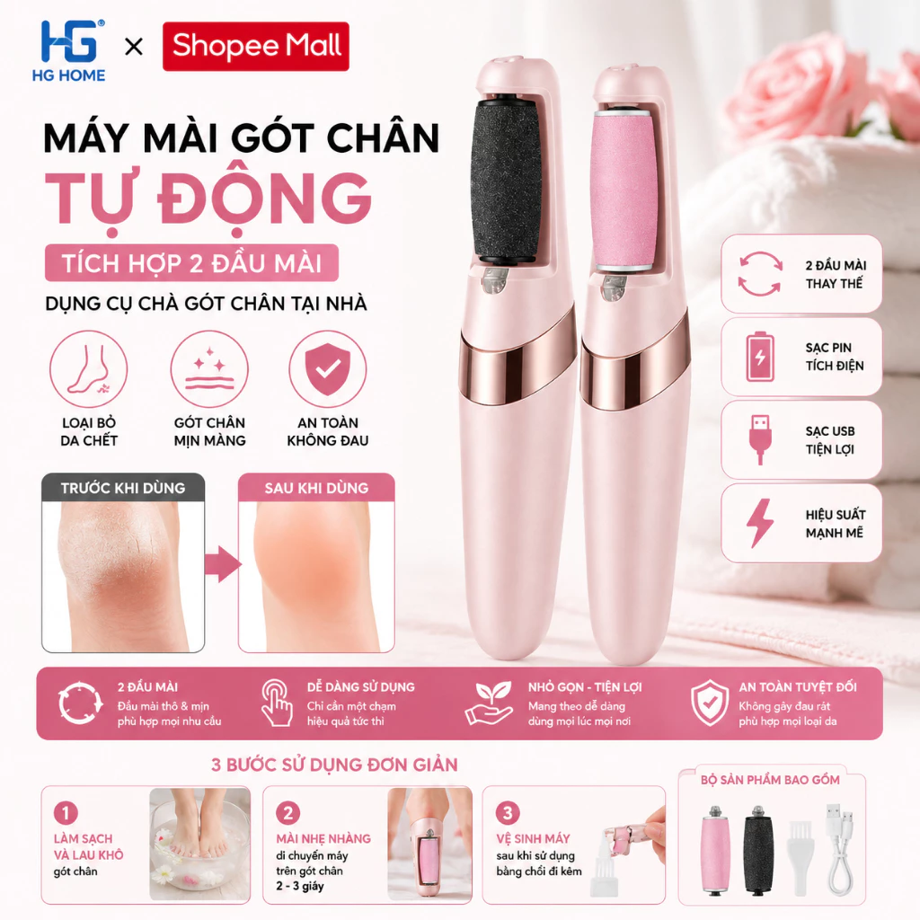 Máy Mài Gót Chân Tự Động HGHOME Tích Hợp 2 Đầu Mài ,Dụng Cụ Chà Gót Chân Tại Nhà Sạc Pin Tích Điện
