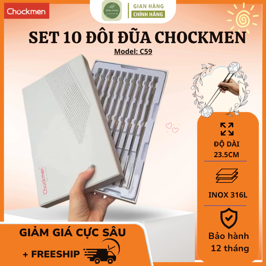Set 10 Đôi Đũa Inox CHOCKMEN C59 Inox 316 Thiết Kế Chắc Chắn, Sử Dụng Bền Lâu Cho Gia Đình - Đông Phong