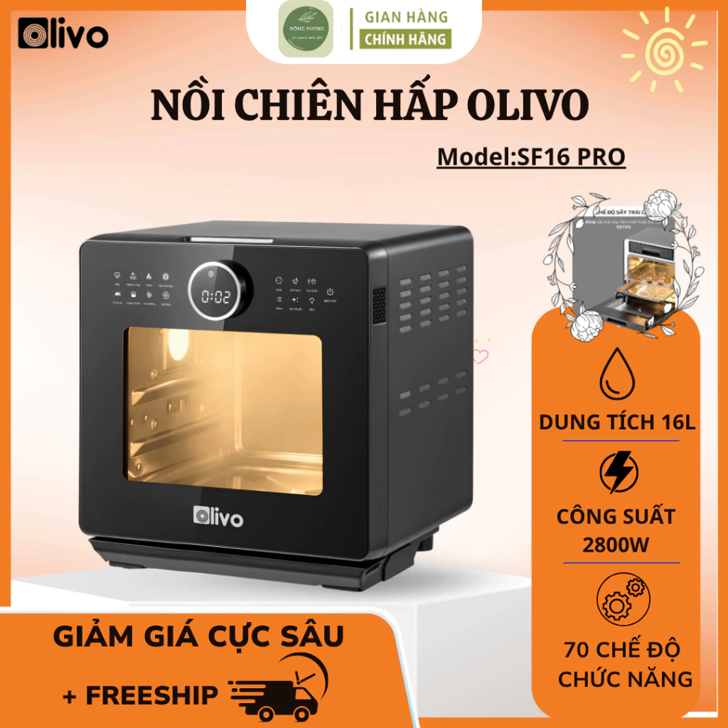 Nồi Chiên Hấp Olivo SF16 PRO Chiên Không Dầu Kết Hợp Hấp, Màn Hình OLED Cảm Ứng, Quay Gà Nguyên Con - Đông Phong