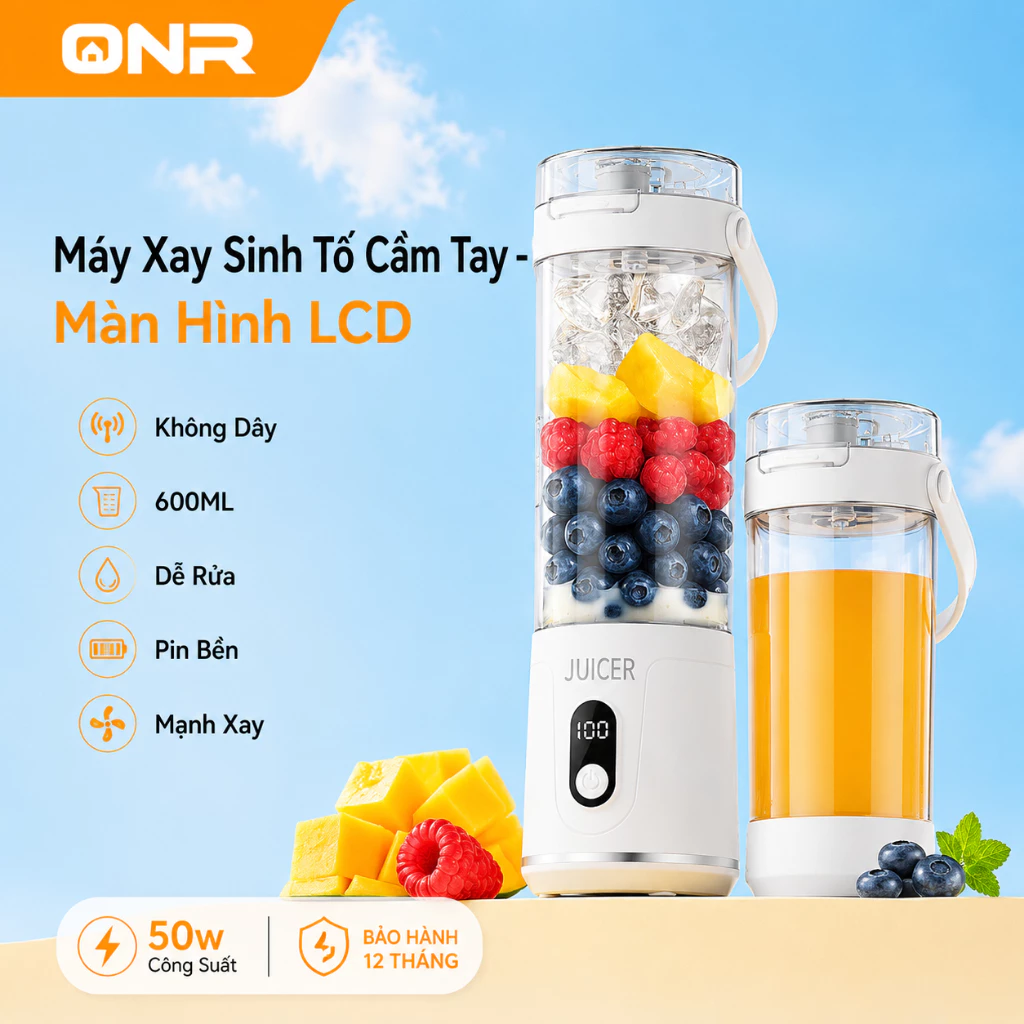 Máy Xay Sinh Tố Cầm Tay Có Màn Hình LCD 600ML, 50W, 12 Lưỡi Dao, Pin Lâu, Sạc Type-C, 2in1 Ép & Mang Theo