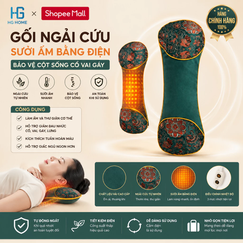 Gối ngải cứu HGHOME sưởi ấm bằng điện bảo vệ cột sống cổ vai gáy [ HÀNG CHÍNH HÃNG ]