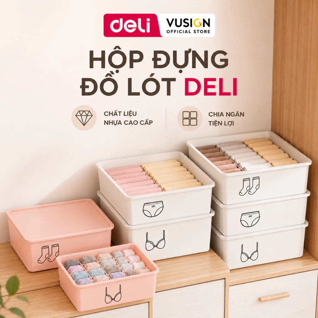Hộp Đựng Đồ Lót Deli Chia Ngăn Có Nắp – Hộp Nhựa Siêu Dày Đựng Tất Vớ, Khay Sắp Xếp Tủ Quần Áo
