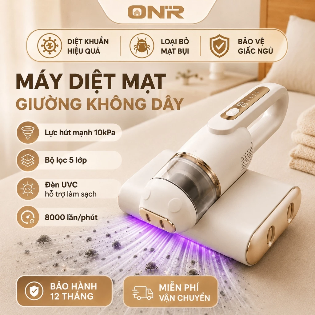Máy Hút Bụi Giường Nệm Cầm Tay 16KPa, 6 Mức Hút, Tia UV 253.7nm, Không Dây, 5 Lớp Lọc, Diệt Mạt