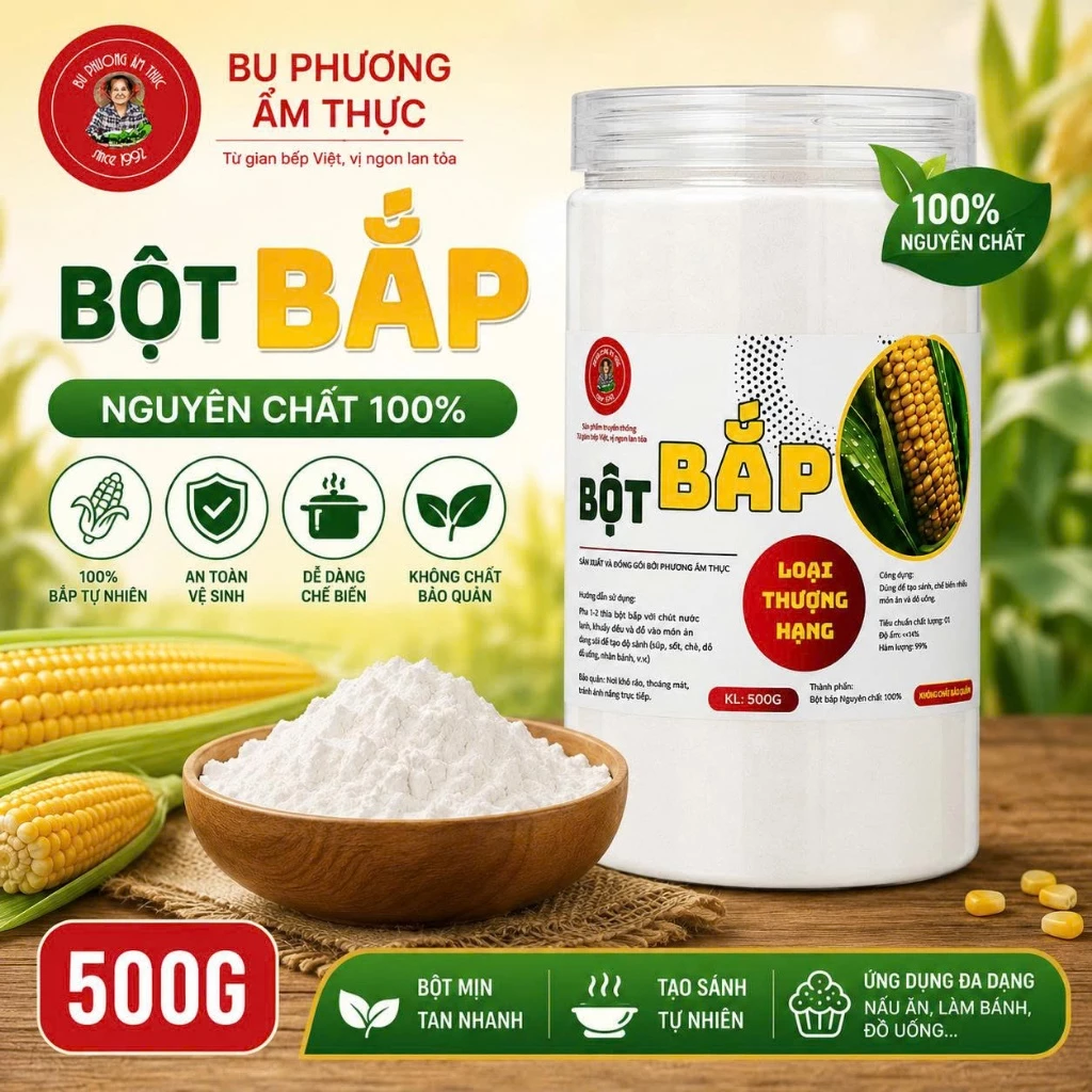 Bột Bắp Nguyên Chất - Thương Hiệu Bu Phương Ẩm Thực - Tạo Độ Sánh Sệt, Làm Các Món Súp, Xào, Chiên