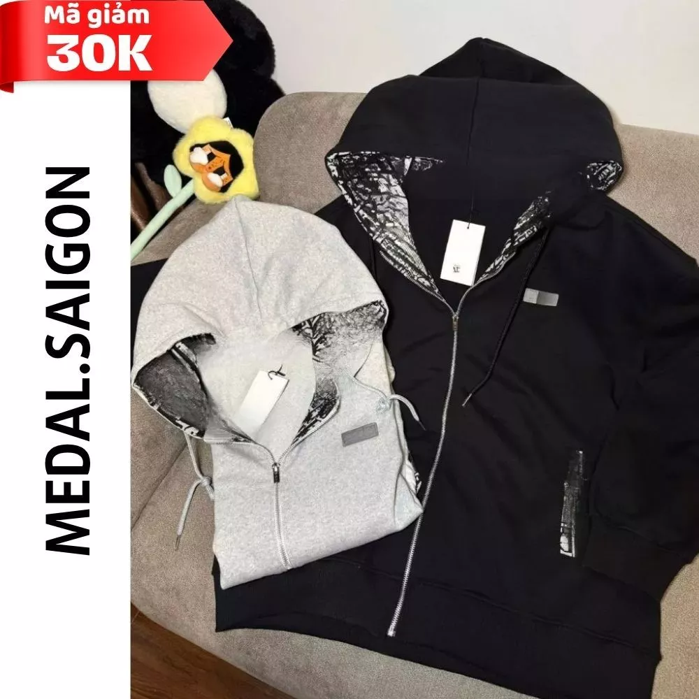 Áo Khoác Hoodie Zip Phối Họa Tiết Ở Mũ Unisex Nam Nữ, Form Rộng Áo Khoác Nỉ Có Mũ Phong Cách Steetwear Chất Nỉ Hàn