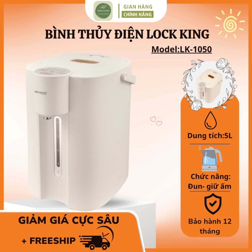 Bình Thủy Điện Lock&King LK-1050 Màu Kem Lõi Thủy Tinh Cao Cấp, Lấy Nước Tự Động - Đông Phong