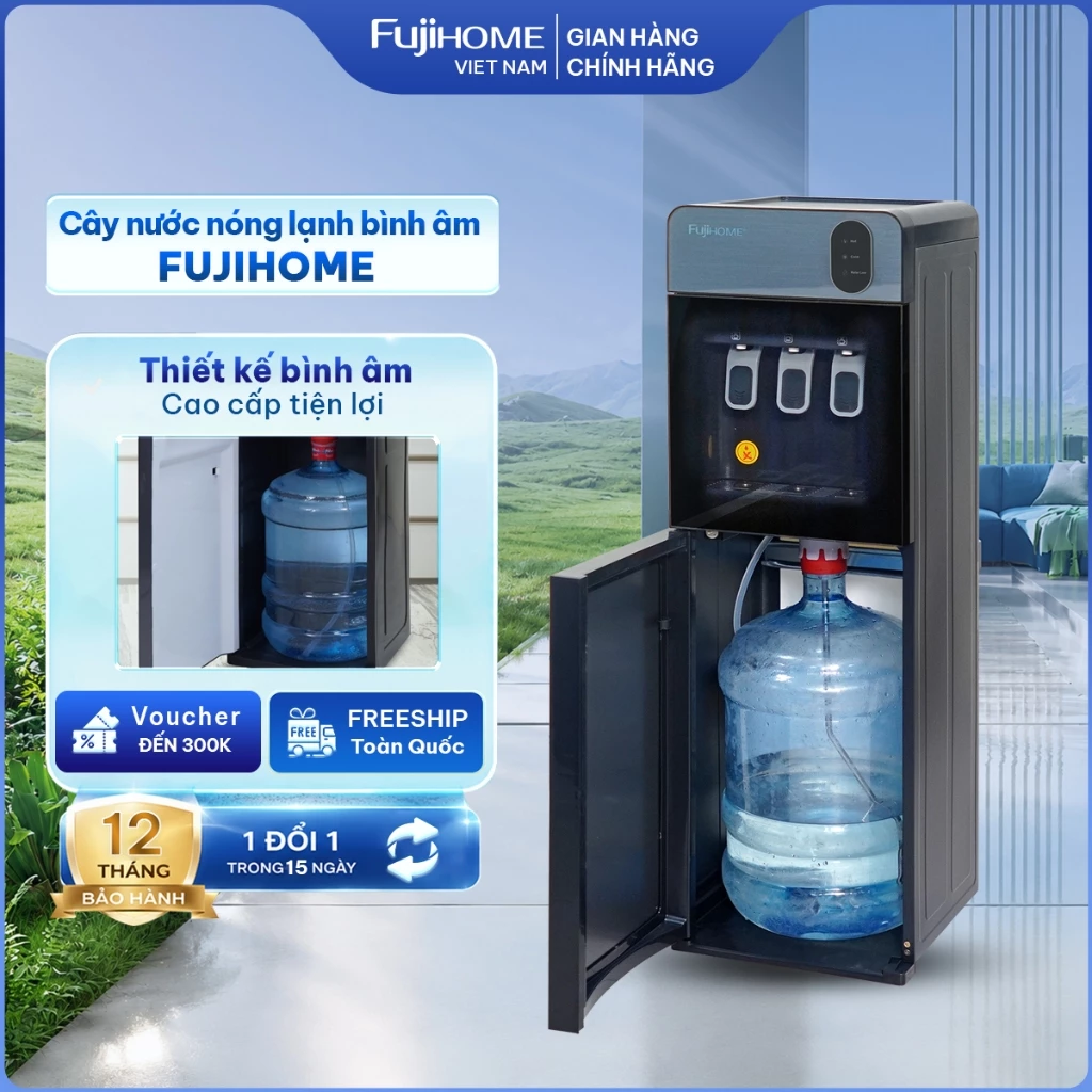 Cây nước nóng lạnh bình âm FUJIHOME cao cấp, máy nước uống nóng lạnh bình hút 2 vòi  khoá vòi nóng tiết kiệm điện