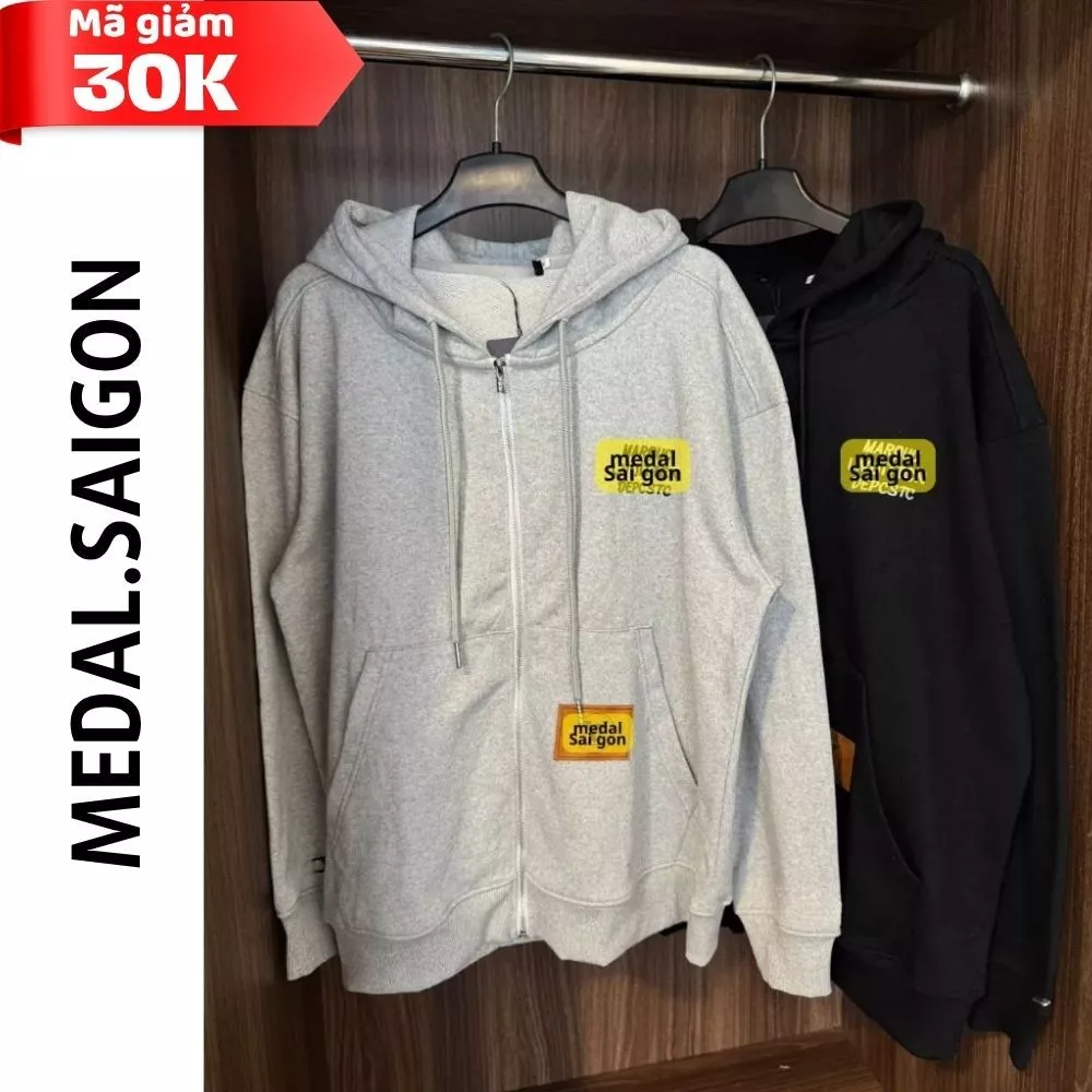 Áo khoác Hoodie Zip Medal.Saigon trơn basic logo nhỏ unisex nam nữ form rộng, áo khoác nỉ có mũ dây phong cách streetwea