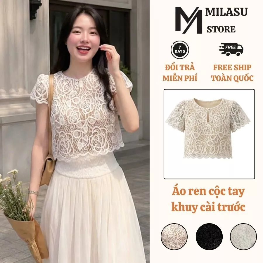 Áo Ren Cộc Tay Cổ Tròn Cài Khuy Trước Milasu Áo  Hoạ Tiết Thêu Hoa 552