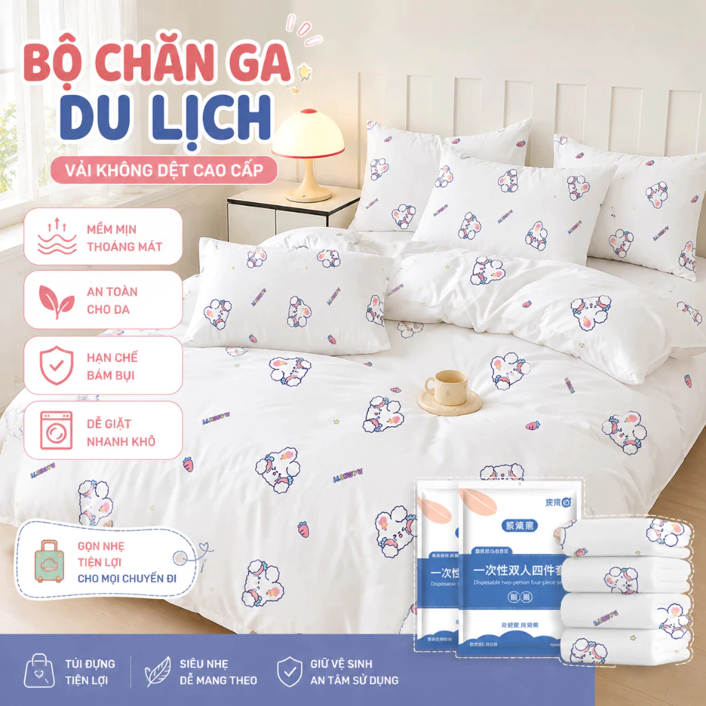 Set 4 Món Chăn Ga Gối Du Lịch Dùng Một Lần, Bộ Drap Trải Giường Khách Sạn, Homestay, Đi Công Tác Tiện Lợi