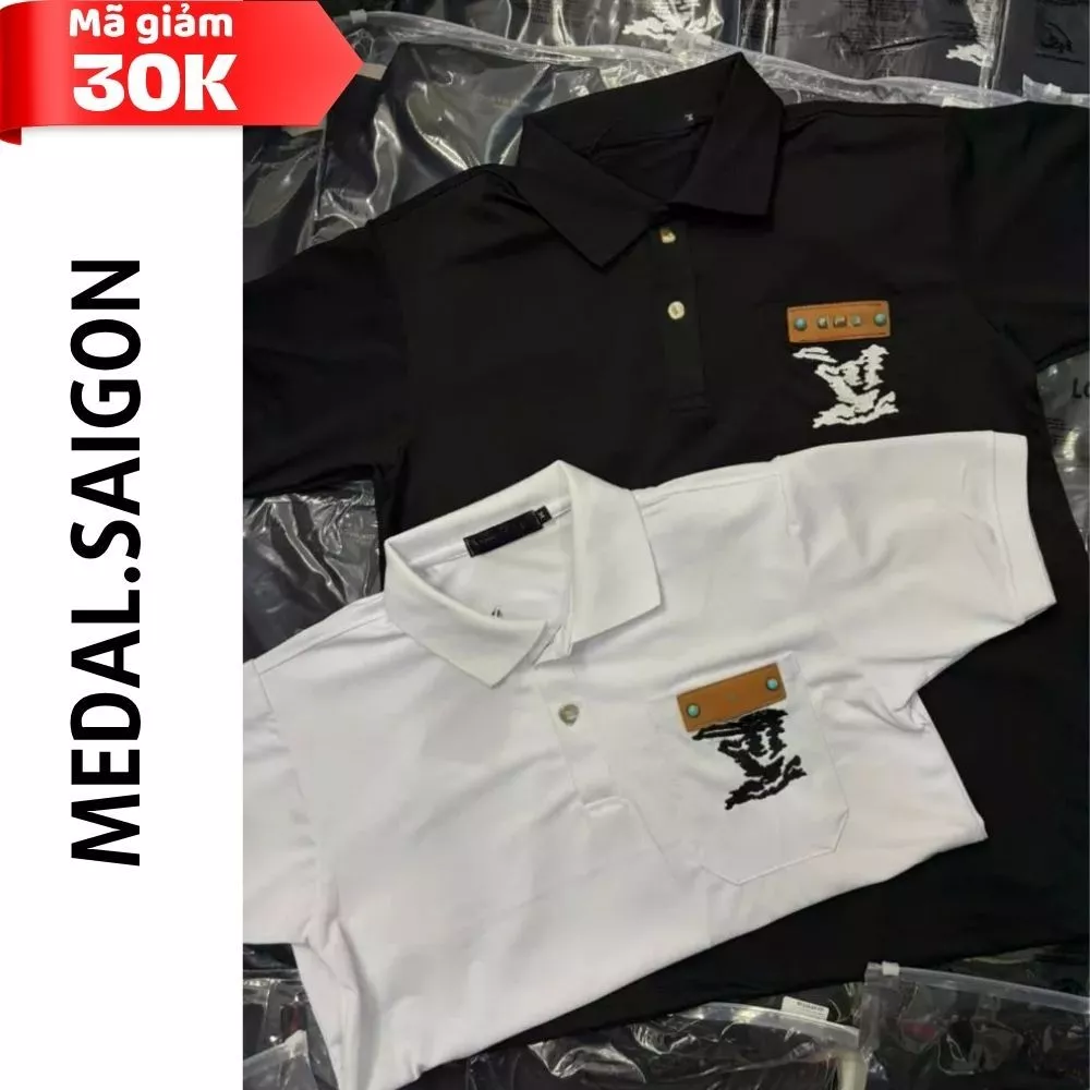 Áo polo unisex Medal.SaiGon phối màu đen trắng thêu hình đại bàng ngực + patch da kim loại cá tính