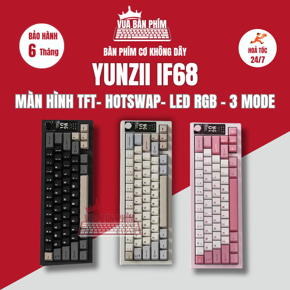Bàn phím cơ Yunzii IF68 không dây layout 68 phím màn hình tft , led rgb , mạch xuôi, hotswap , keycap pbt doubleshot
