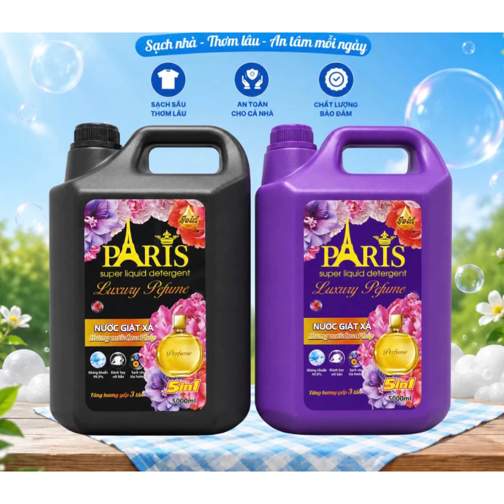 Nước Giặt Xả Paris Luxury Perfume 5IN1 Can 5Kg – Hương Nước Hoa Cao Cấp, Đánh Bay Vết Bẩn, Lưu Hương Lâu, Tiết Kiệm