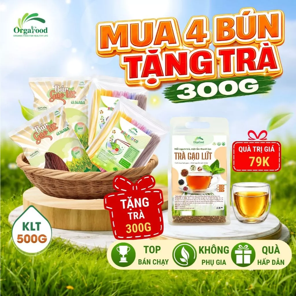 [COMBO ĐỈNH NÓC] 4 Gói Bún gạo lứt, rau củ Orgafood 500g [Tặng Trà thanh nhiệt 300g], Combo Dáng Xinh, Da Đẹp, Thực Dưỡn