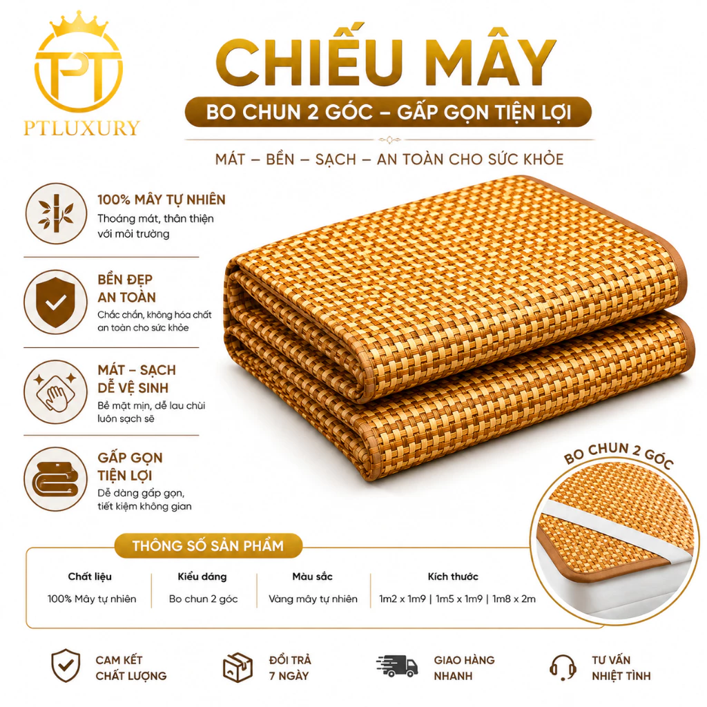 Chiếu Điều Hòa Sợi Mây Lót Lụa Cao Cấp Thoáng Mát Dễ Dàng Vệ Sinh - PTLUXURY