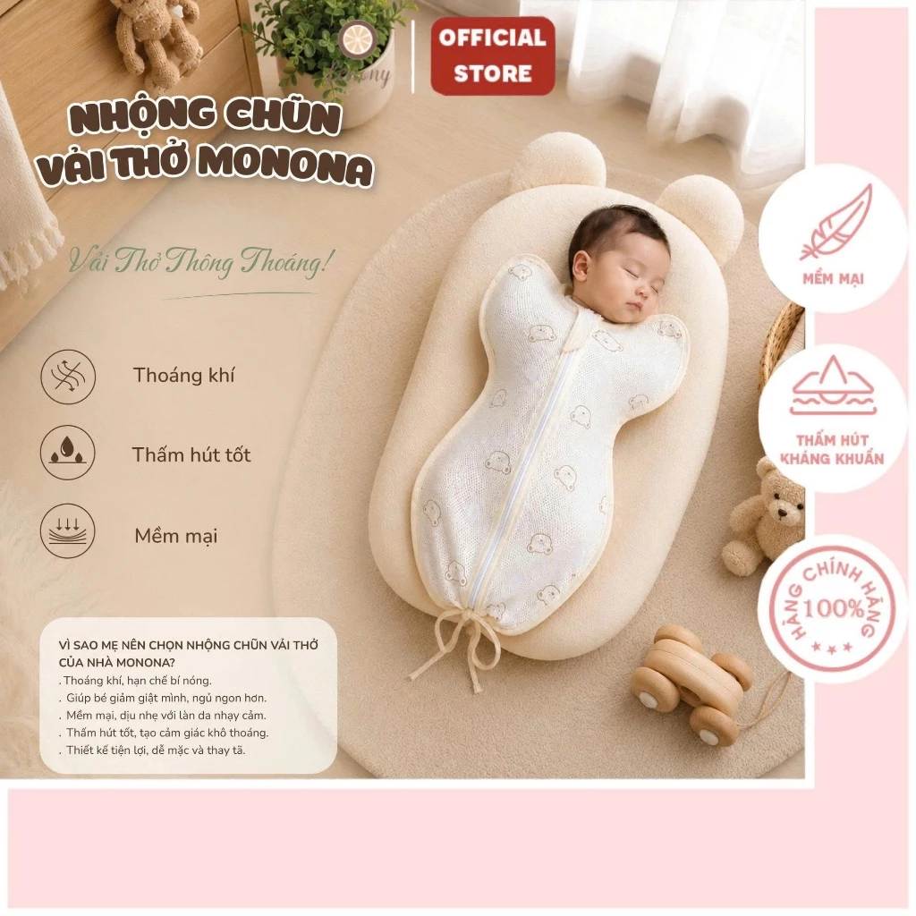 Nhộng chũn cho bé, nhộng chũn Monona vải thở/petit thoáng khí, co giãn tốt, khóa 2 chiều tiện lợi