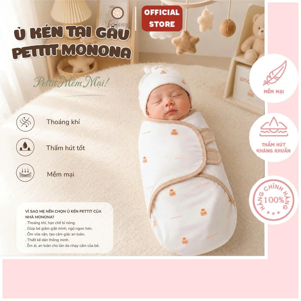 Ủ kén sợi Cotton Organic/Petit/Vải thở, Ủ kén Monona thiết kế thông minh giúp bé không bị giật mình