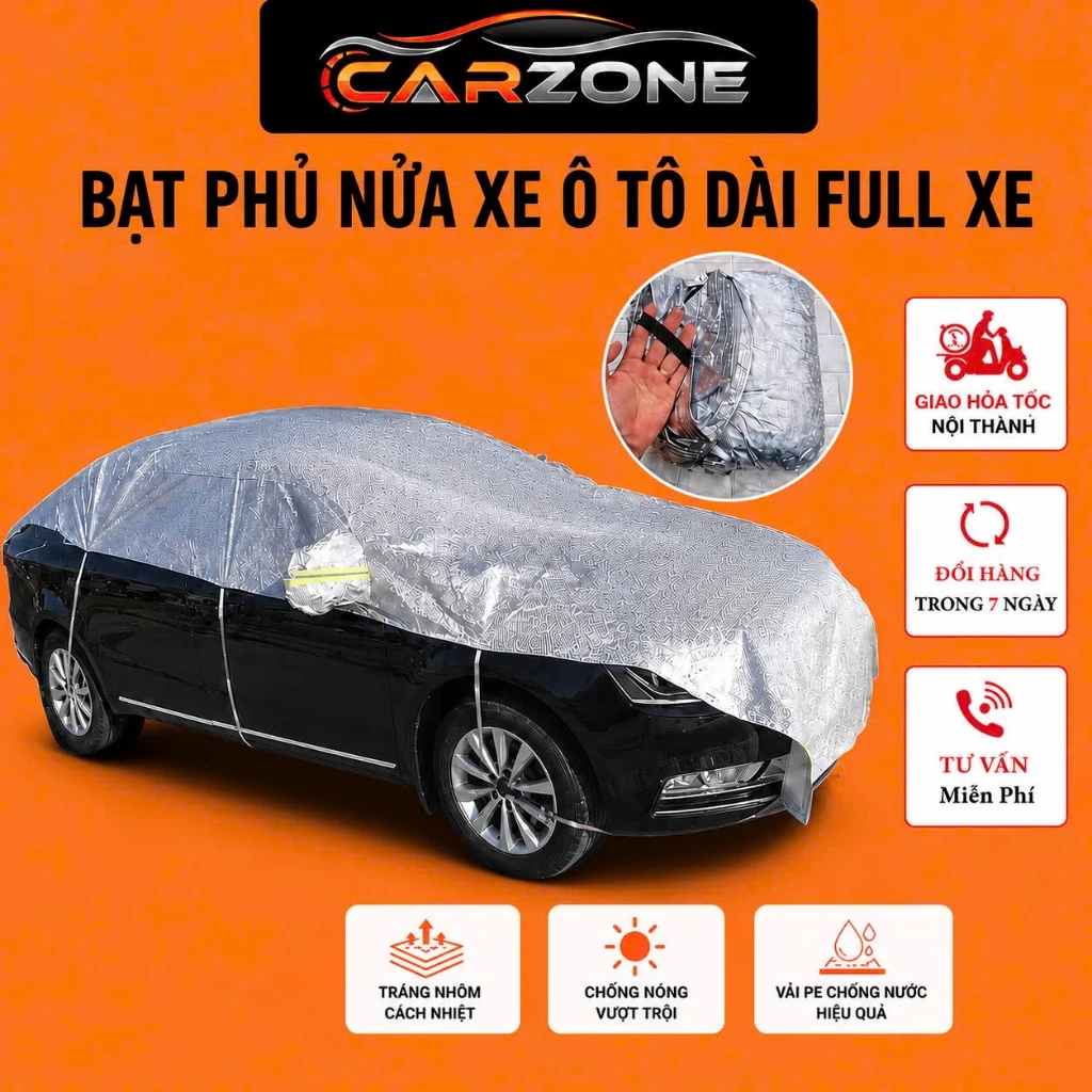 Bạt Phủ Nửa Xe Ô Tô CARZONE LOẠI DÀI FULL XE Tráng Nhôm Cách Nhiệt, Chống Nắng Chống Nóng Cho Các Dòng Xe