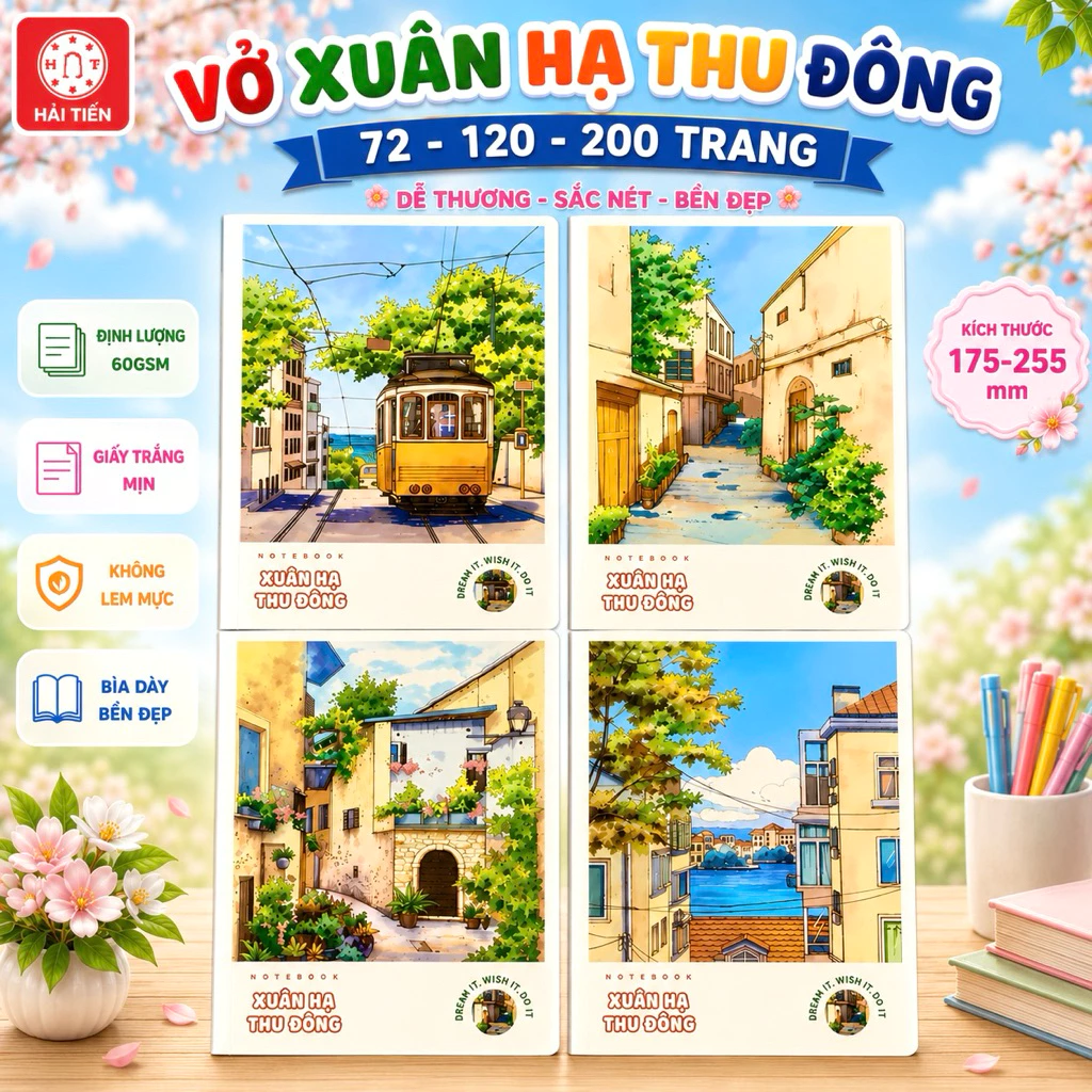 COMBO 10 QUYỂN VỞ 72-120-200 kẻ ngang Xuân hạ thu đông Hải Tiến  trang giao hình ngẫu nhiên