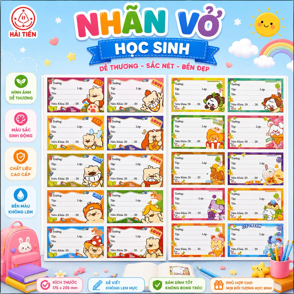 (SET 200) CHIẾC NHÃN VỞ HOẠT HÌNH BÉ TRAI GÁI CÓ KEO DÁN SẴN