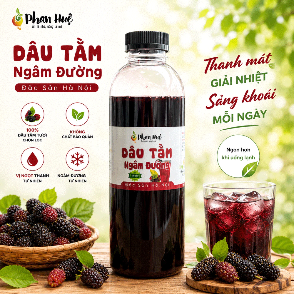 Nước cốt dâu tằm ngâm đường hộp 1kg Phan Huệ. Vị chua ngọt. Đặc sản Hà Nội