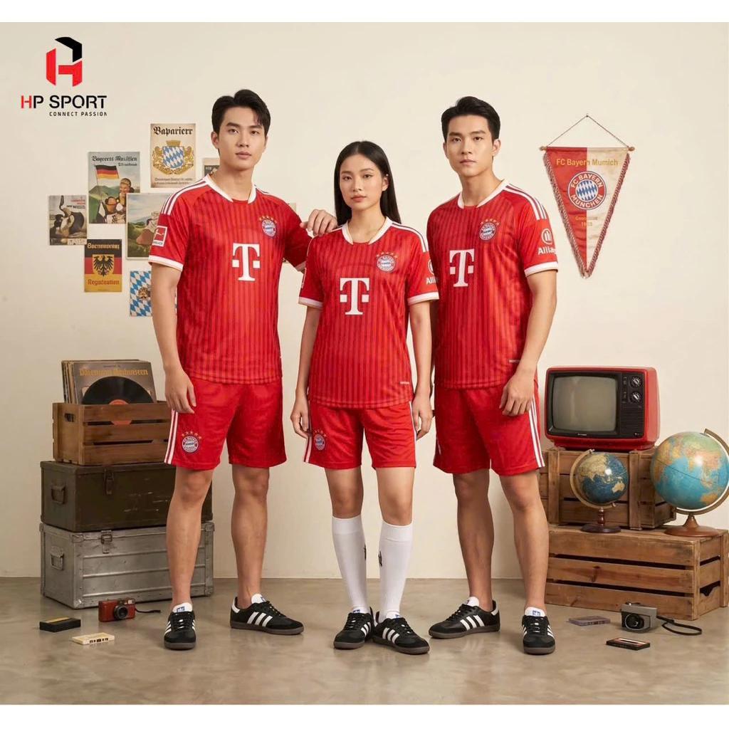 Bayer Đỏ Hp 2026 (Có In Tên Số) Bộ Quần Áo Bóng Đá Thun Mè Cao Cấp Thoáng Mát Logo Thêu