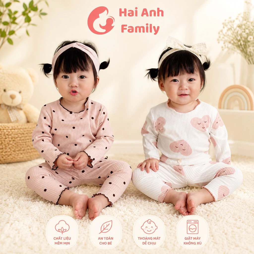 Đồ bộ bé gái dài tay hoạt tiết xinh xắn, vải tăm cao cấp