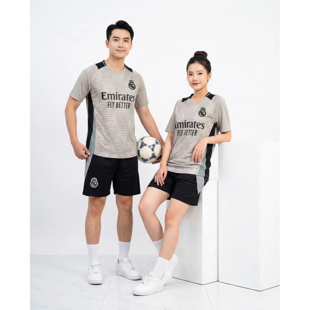 Real Xám 2026 (Có In Tên Số) Bộ Quần Áo Bóng Đá Thun Mè Cao Cấp Thoáng Mát Logo Thêu