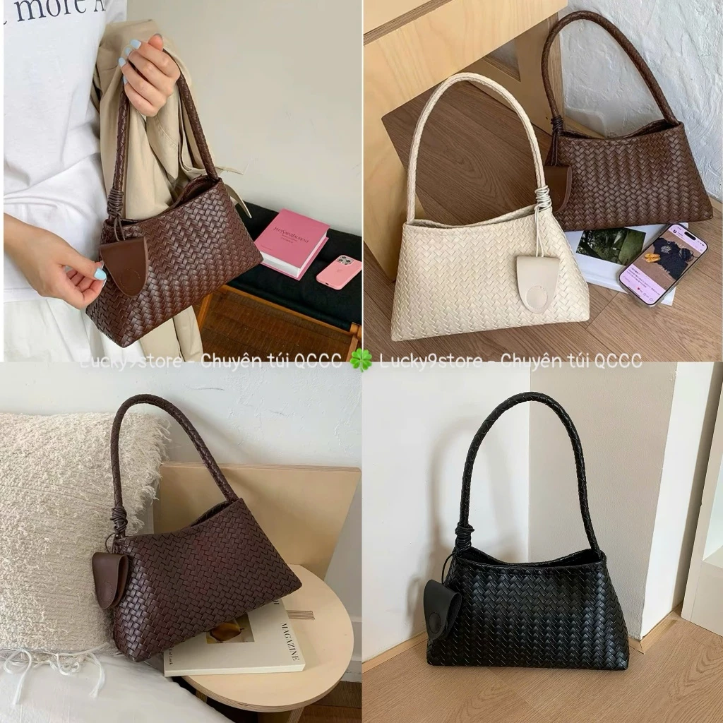 Túi nữ Túi đeo vai da đan size 26 tặng kèm ví và charm đồng bộ form Baguette Hàn Quốc 2848#