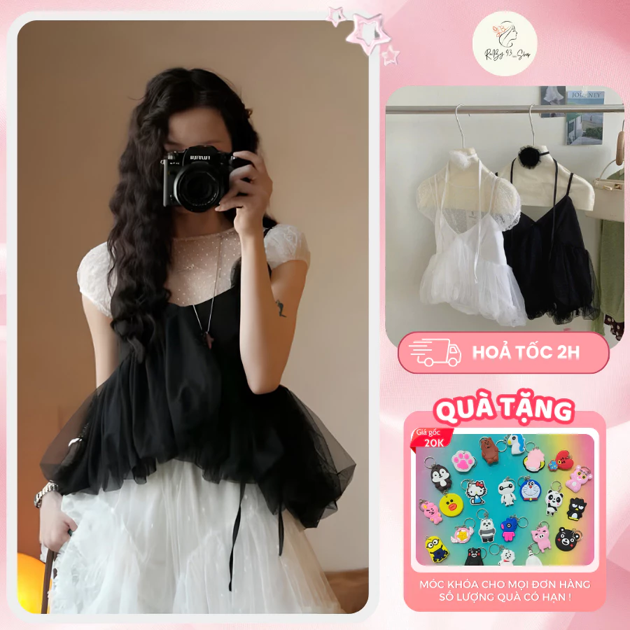 Set Áo 2 Dây Cardigan Lưới Chấm Bi Nữ, Áo Voan Xòe Bồng Tiểu Thư Hàn Quốc Mặc Đi Chơi Cực Xinh