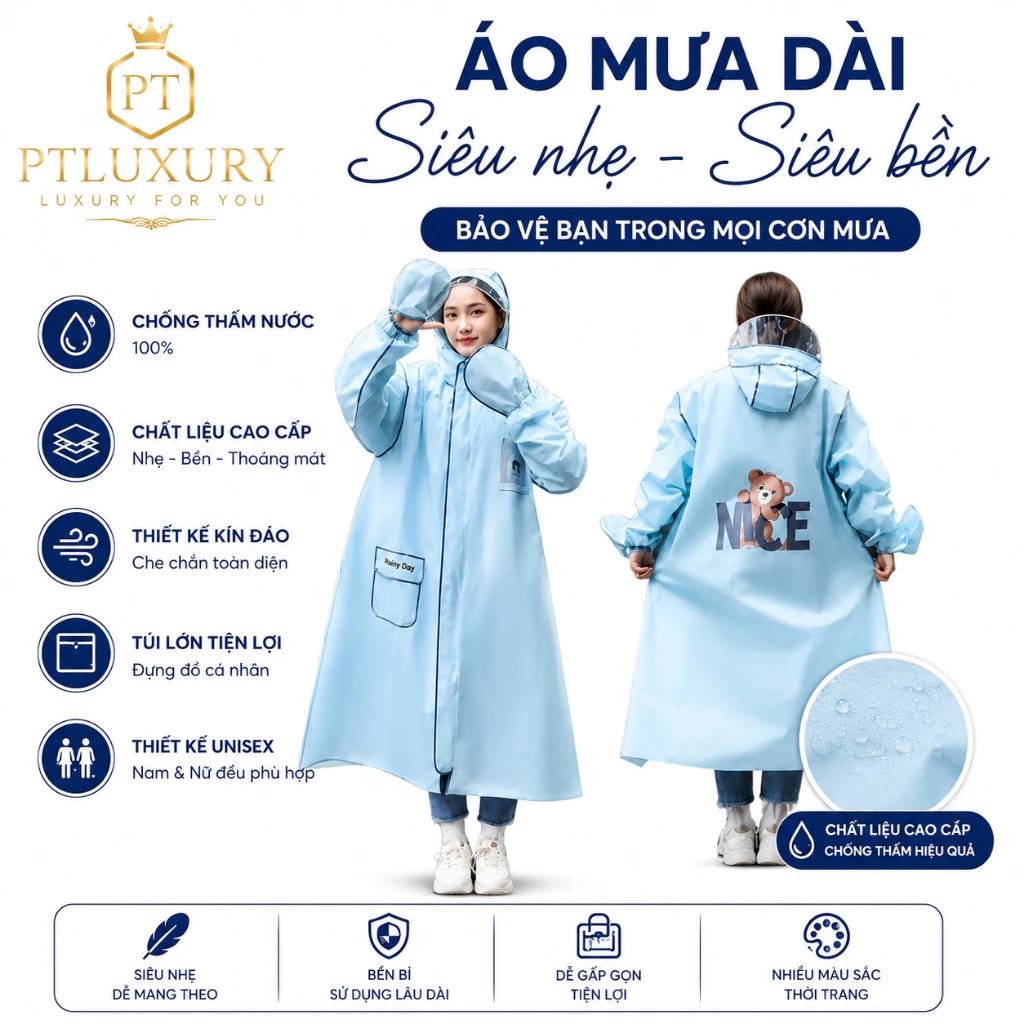 Áo mưa thời trang PTLUXURY in hình gấu có khoá kéo tiện lợi
