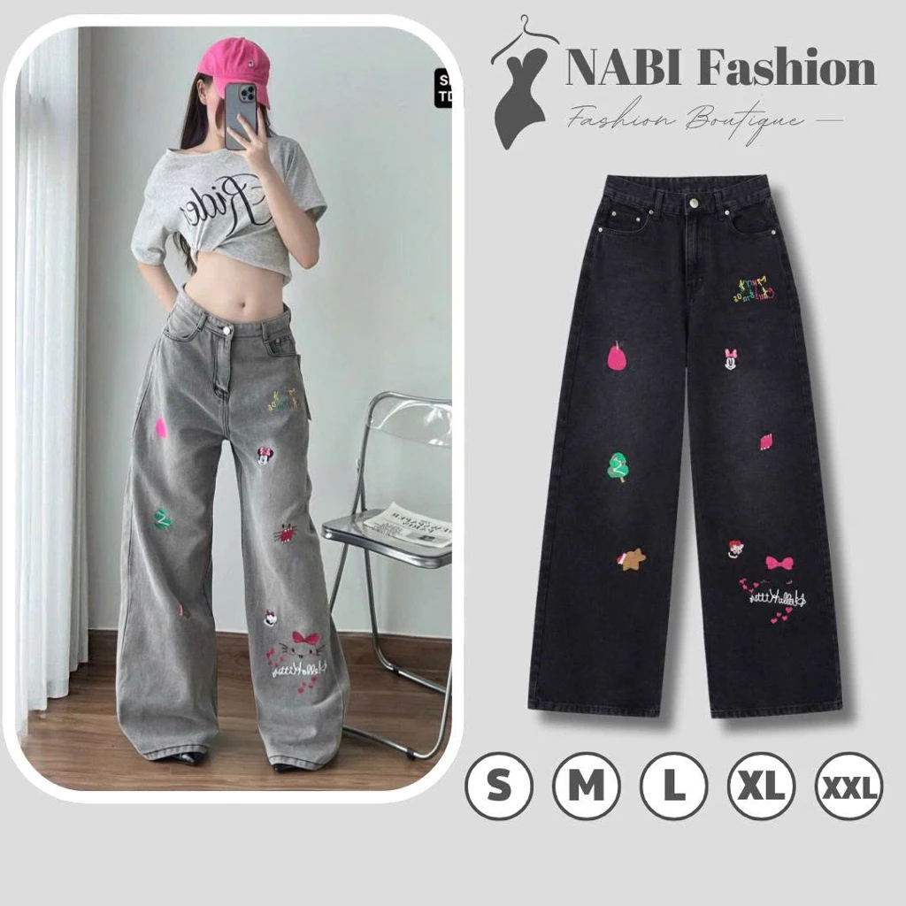 Quần Jean Suông Thêu Hellokitty Quần Bò Ống Rộng Nữ Kiểu Phong Cách Hiphop Trẻ Trung NB5918-5917  NABI Fashion