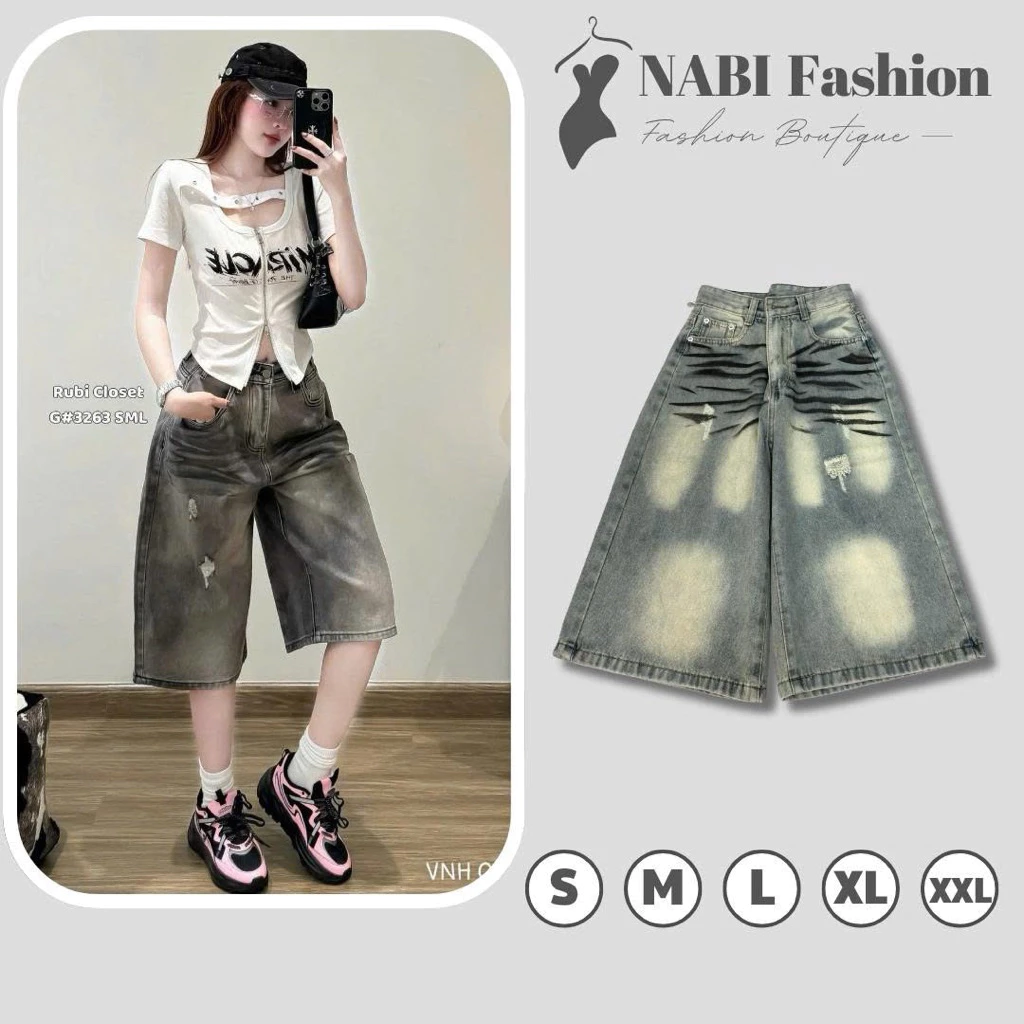 Quần Jeans Short Ngố Nữ from Ống Rộng Dáng Lửng Basic 2 màu, NABI Fashion Quần Bò Đùi Nữ Đến Đầu Gối Lưng Cao Size SMLXL