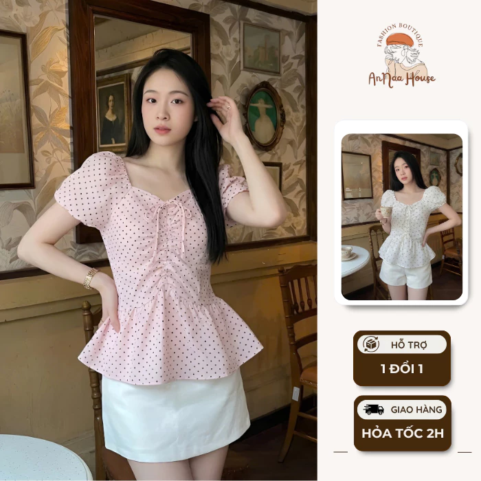 Áo kiểu nữ trễ vai họa tiết hoa nhí mặc được 2 kiểu phối tay bồng tiểu thư phong cách Hàn Quốc