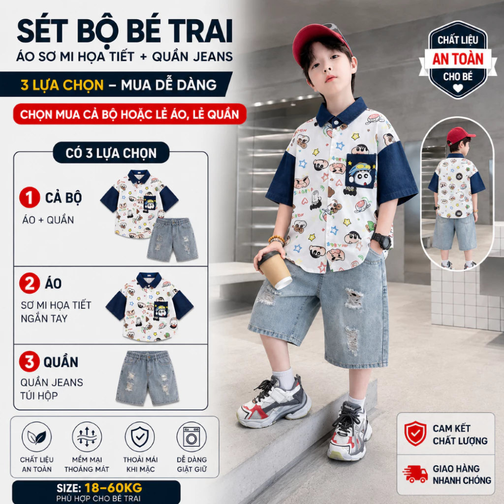 Sét Bộ Bé Trai Shin Cậu Bé Bút Chì - Áo Sơ Mi Cộc Tay Mix Quần Jean Ngố Siêu Ngầu (18kg - 60kg)---------------