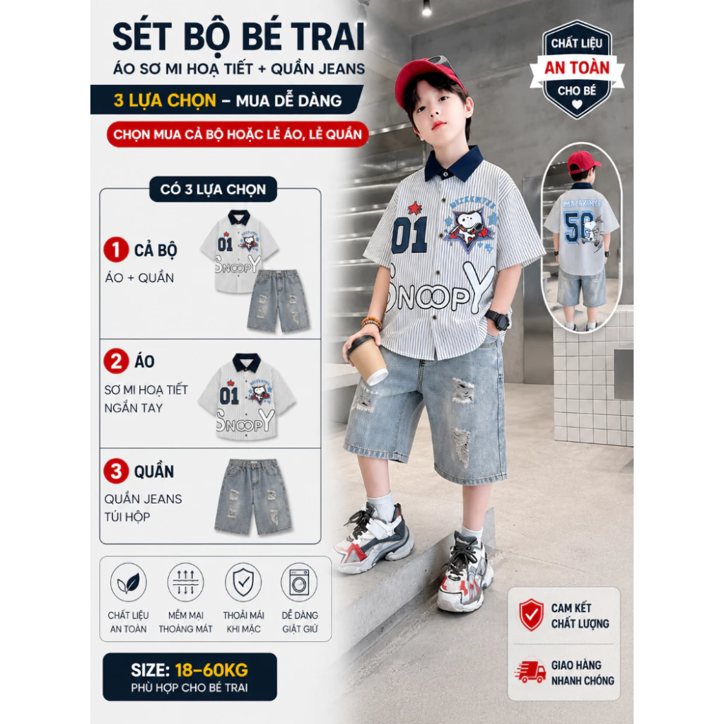Set Áo Sơ Mi Sọc Snoopy Mix Quần Jean Ngố Phong Cách Hàn Quốc Cho bé trai 18kg - 60kg Thoải Mái Thời Trang be trai-----